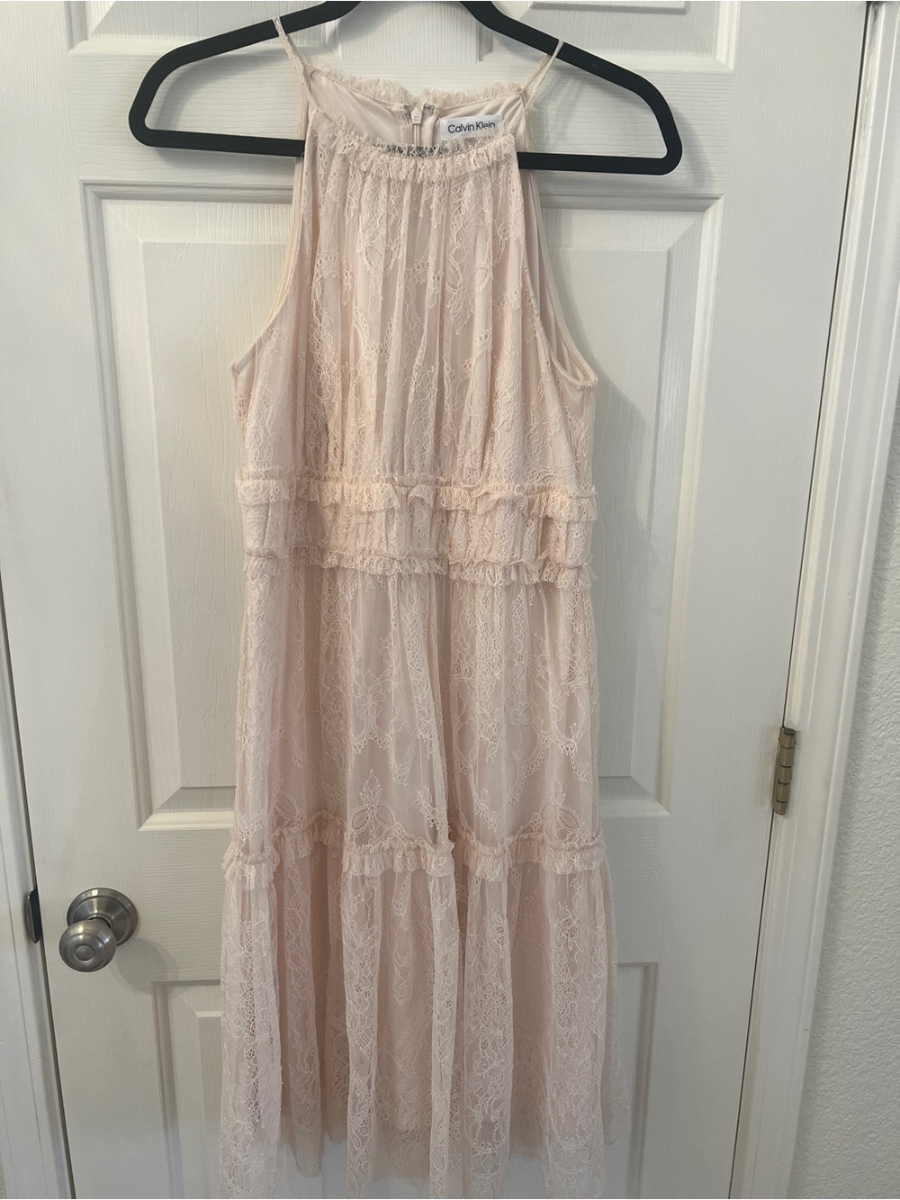 Calvin Klein Pale Blush Lace Tiered Halter Dress